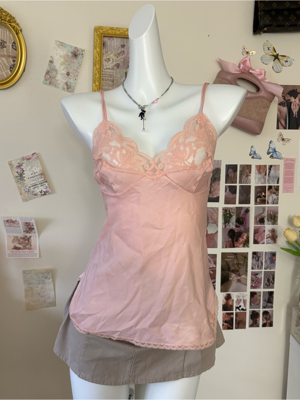 Vintage 70s Vassarette Blush Pink Satin Lace Camisole Tank Top Size 32 / XS S